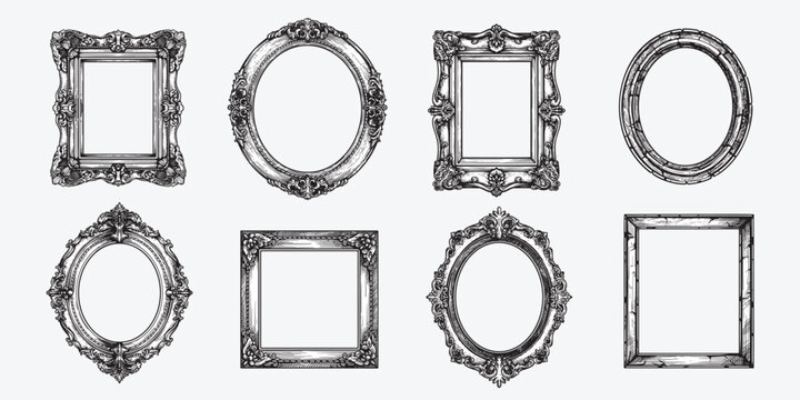 Hand drawn picture frames set. Sketch style highly detailed oval and rectangular wooden frames. Vintage retro wall decoration. Vector illustrations isolated on white background.