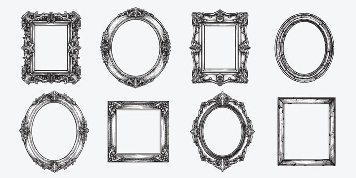 Hand drawn picture frames set. Sketch style highly detailed oval and rectangular wooden frames. Vintage retro wall decoration. Vector illustrations isolated on white background.