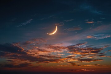 Fototapeta premium A crescent moon glows softly in the evening sky, surrounded by vibrant clouds reflecting the hues of dusk as twilight approaches