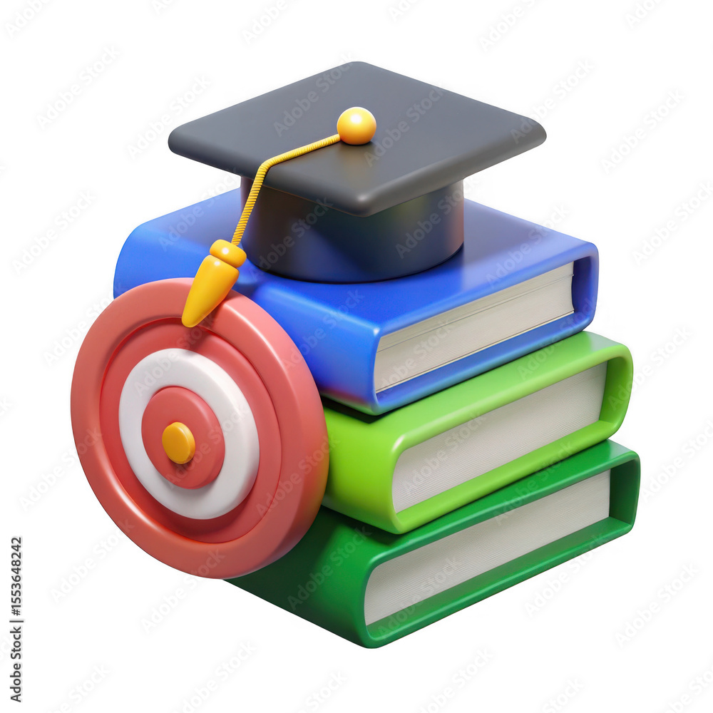 Poster 3d render of graduation cap on books with target isolated on transparent background