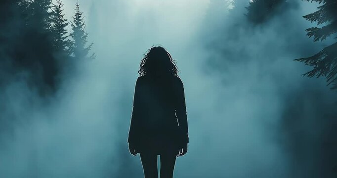 A lone woman stands in a misty, dark forest, creating a mysterious and suspenseful atmosphere.