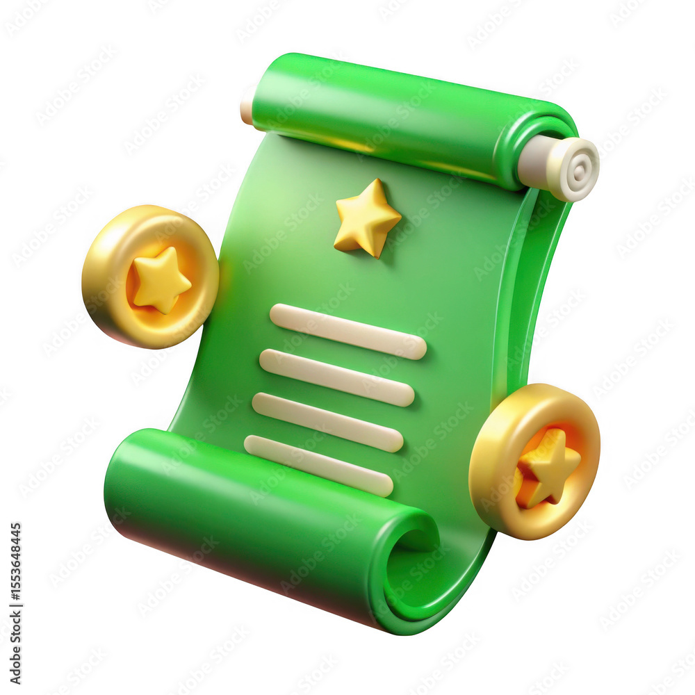 Poster 3d render of green scroll with stars and coins isolated on transparent background