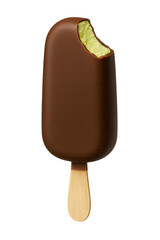Bitten Chocolate Ice Cream Bar with Pistachio Filling on Stick, Cutout Transparent PNG