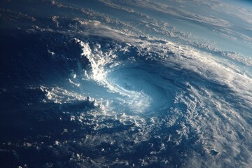 Dramatic view from space captures the swirling clouds and distinct eye of a hurricane forming over the ocean, showcasing nature's power