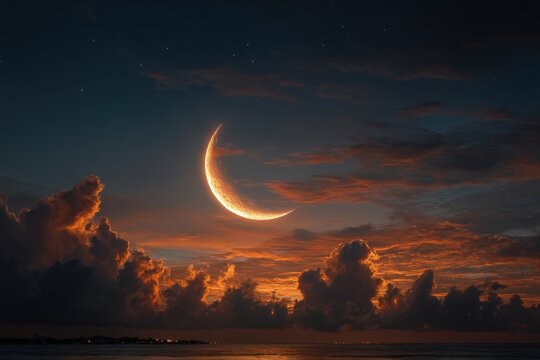 A stunning crescent moon shines brightly in the sky, surrounded by colorful clouds at sunset over the tranquil ocean