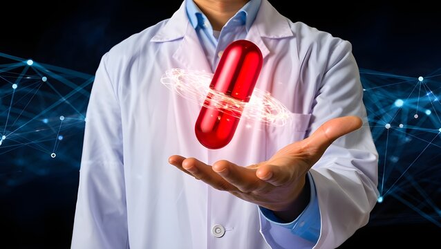Doctor holding a glowing red medical capsule with a digital network overlay - Powered by Adobe