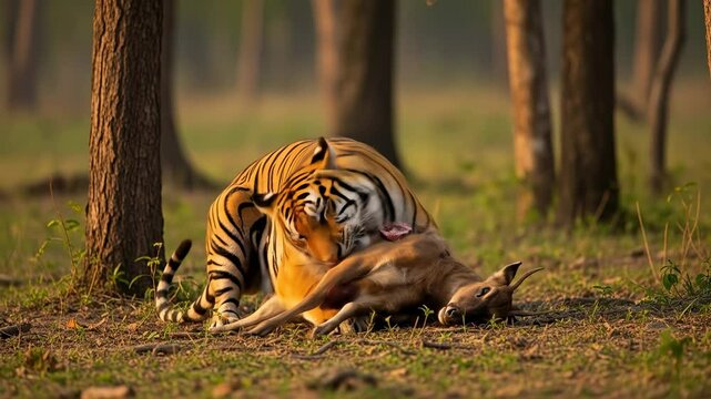 Tiger devouring deer in forest wildlife predator prey interaction nature photography