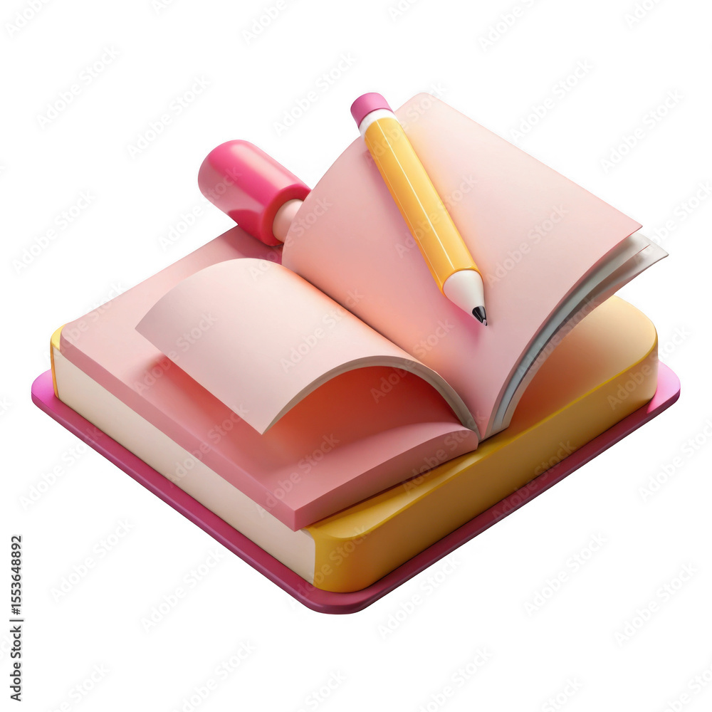 Poster pink notebook with pencil 3d render isolated on transparent background