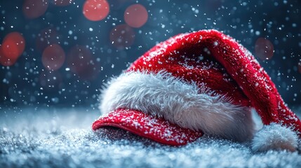 A Santa hat rests in the snow during a snowy Christmas Eve