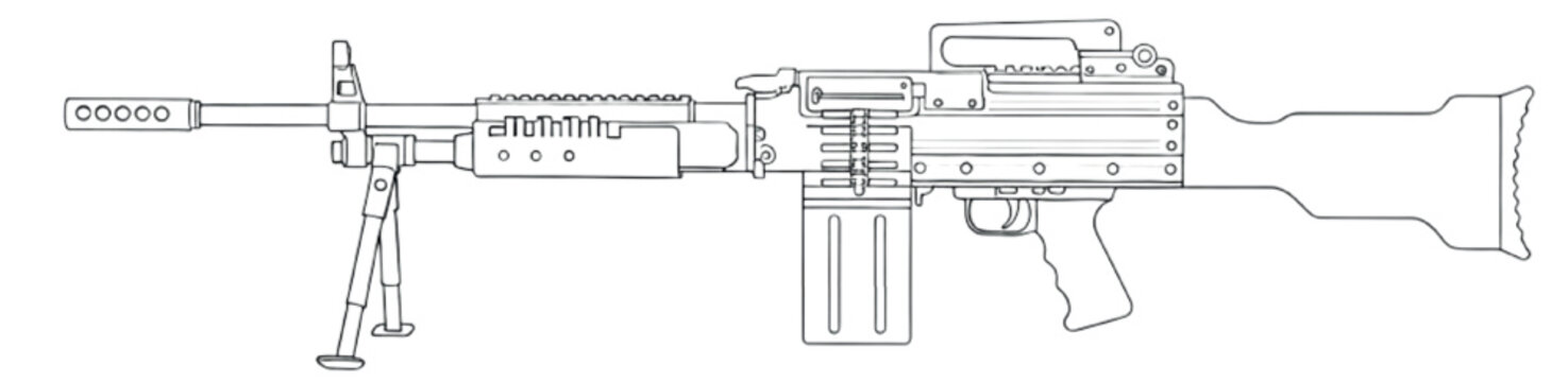 M240 Machine Gun Line Art &ndash; Clean Black Technical Drawing of Bipod-Mounted Weapon Side View on White Background
