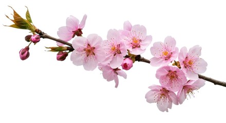 Naklejka premium Pink Cherry Blossom Branch with Blooming Flowers on White Background