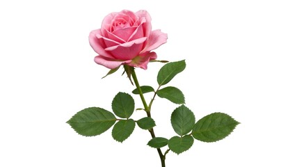 Obraz premium Pink Rose Flower with Green Leaves on White Background