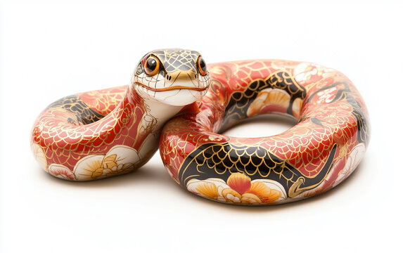 Beautifully designed ceramic snake featuring red and gold accents. Generative AI.