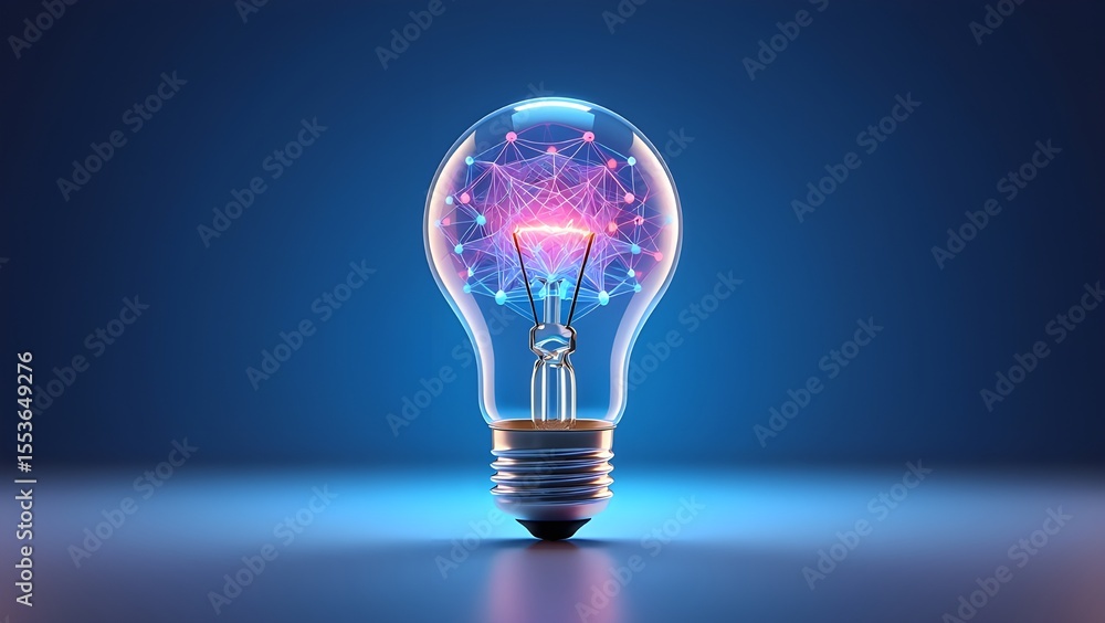 Poster glowing light bulb with a vibrant network of glowing nodes and lines inside representing innovation