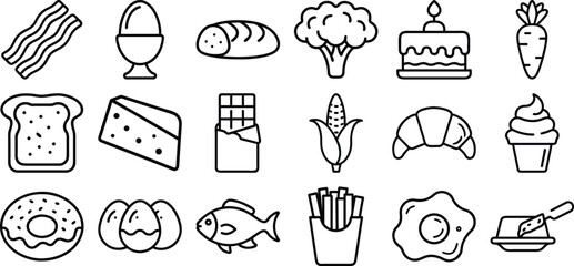 Set of 18 line icons related to food and drinks, outline icon bundle