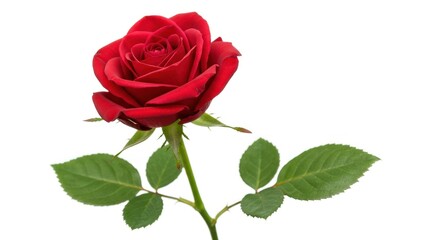 Fototapeta premium Red Rose Blossom with Green Leaves on White Background for Floral and Nature Market