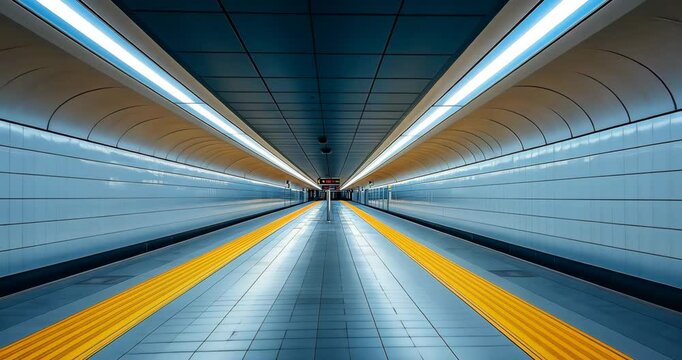 Static shot: Empty subway station with yellow tactile paving and blueish gray tiles. Modern architecture.