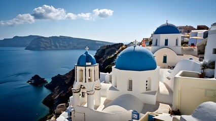 Iconic blue domed churches overlook the aegean sea on santorini greece