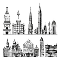 Naklejka premium Classic architecture collection with ornate facades and historical styles.