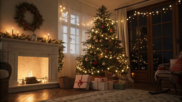 Cozy Christmas Scene with Glowing Lights and Decorated Tree - Powered by Adobe
