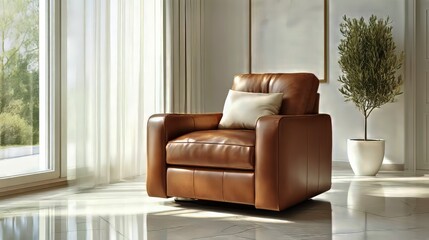Cozy brown leather recliner chair in a bright interior