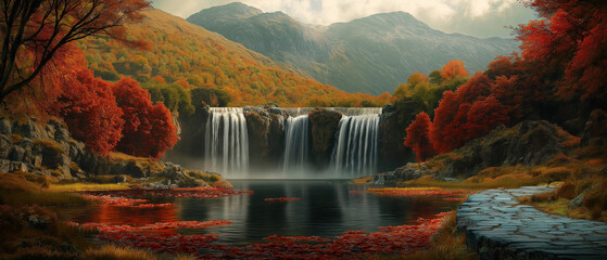AI generator images of autumn Famous waterfall, Autumn color of yellow and red maple leaves at  waterfall near Mount . Concept of nature, relax, environment. Scenic view 