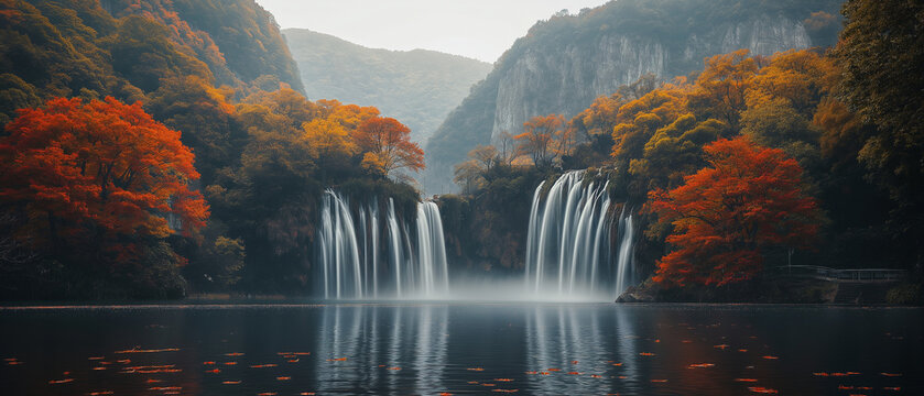 AI generator images of autumn Famous waterfall, Autumn color of yellow and red maple leaves at  waterfall near Mount . Concept of nature, relax, environment. Scenic view 