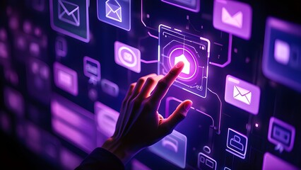 Human finger touching a glowing purple digital interface screen with various icons