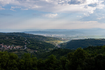Morning view of the ancient Slovenian town of Piran, the Adriatic Sea, sunset and vineyards