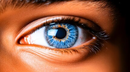 Obraz premium Close-up blue eye, person looking, dark background, medical/advertising