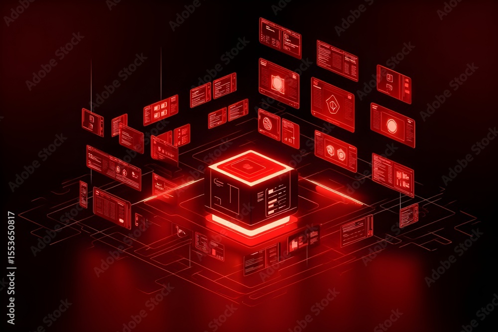 Poster futuristic holographic interface with glowing red data screens and a central processing unit