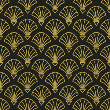Fototapeta Repeating pattern of stylized golden fan shapes against a dark background, creating an Art Deco aesthetic.