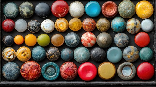 Tray of assorted colorful round buttons or knobs with varying textures and patterns

