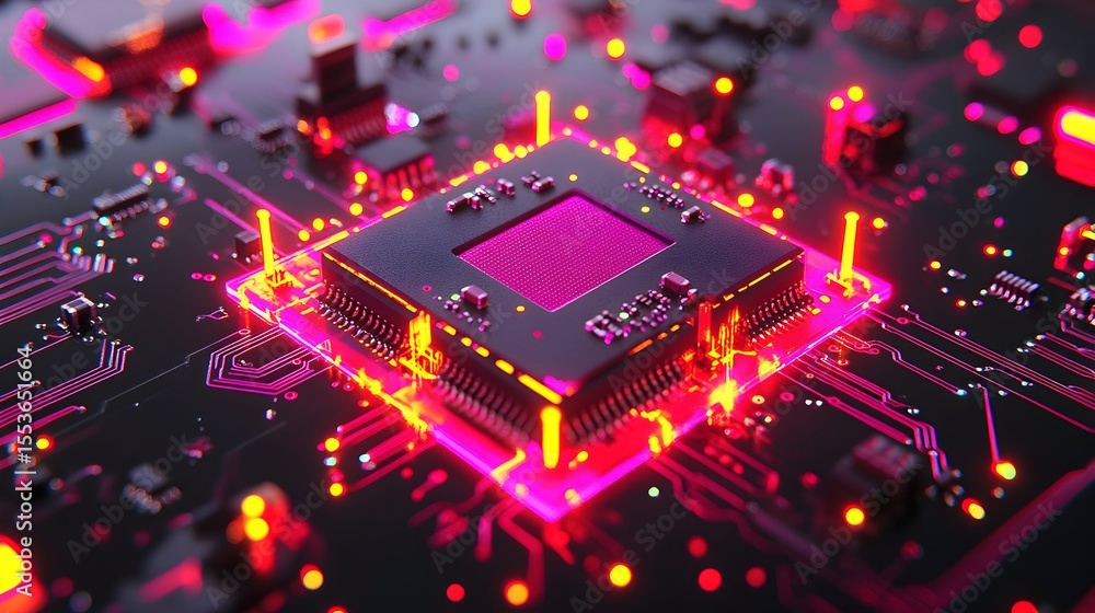 Aufkleber glowing cpu on circuit board, tech background