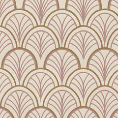 Repeating pattern of stylized fan-like shapes with curved lines in beige and pink hues.