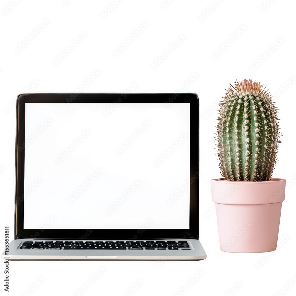 Poster a laptop computer and a potted cactus sit side by side isolated on transparent background