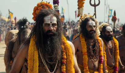 Obraz premium AI generator images of Holy men, Maha Kumbh Mela, the world's largest spiritual gathering Hundreds of thousands of Indians are among the hundreds of devotees who gather for this ancient tradition
