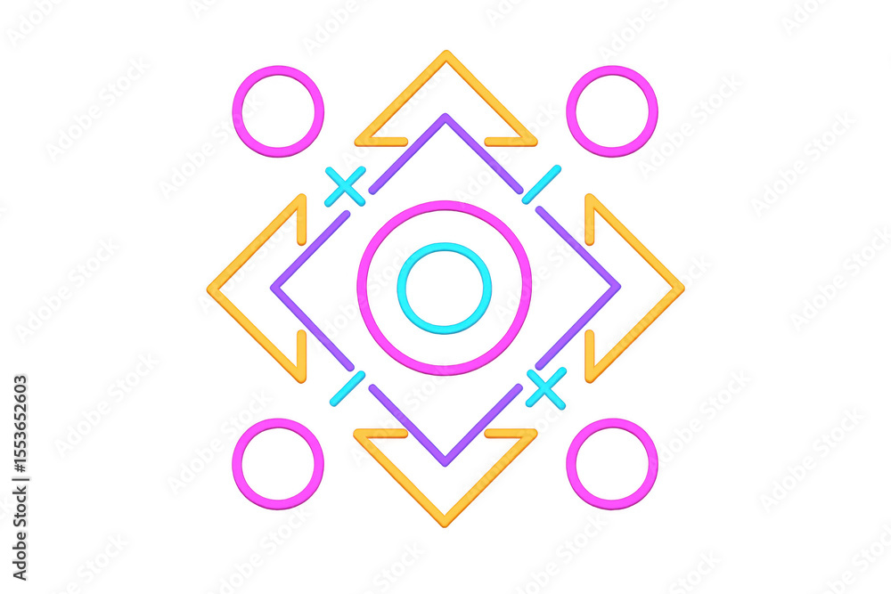 Poster neon geometric shapes overlapping, creating vibrant abstract pattern with transparent background, mo