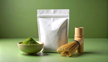 Matcha Powder Bowl Beside White Pouch And Bamboo Whisk On Green Surface