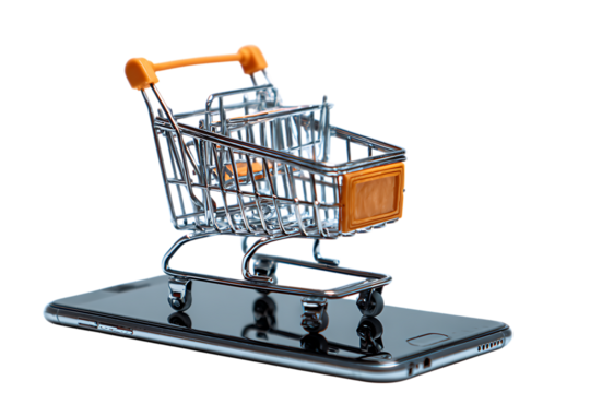 Mini shopping cart on a smartphone, online shopping concept.