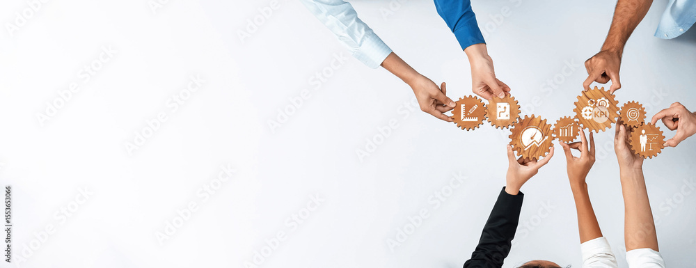 Poster engaging visual of diverse hands holding wooden gears symbolizing teamwork and collaboration, showca