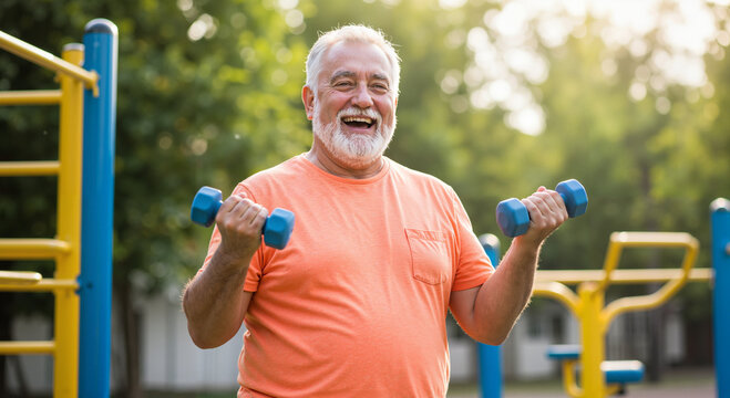 Elderly man smiling while exercising with dumbbells in park  