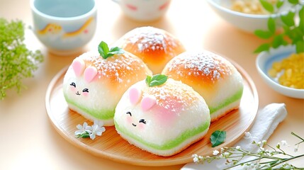 Obraz premium Cute bunny bread pastries on wooden plate, spring breakfast