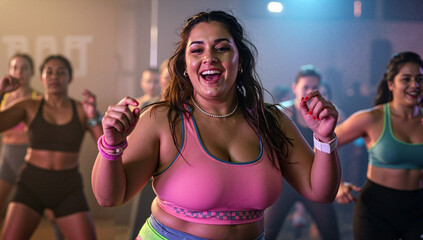 Happy woman dancing during fitness class in gym with colorful lights  