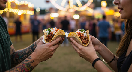 Couple sharing tacos at outdoor food festival with lights in background