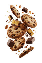 Delicious chocolate chip cookies and chunks of chocolate and cake in a dynamic mid air explosion isolated on transparent background