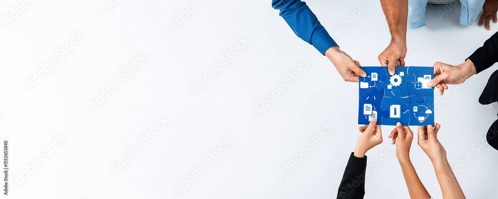 Poster A dynamic scene showing diverse hands holding a digital strategy plan, symbolizing collaboration and innovative management practices in a professional environment. Amity