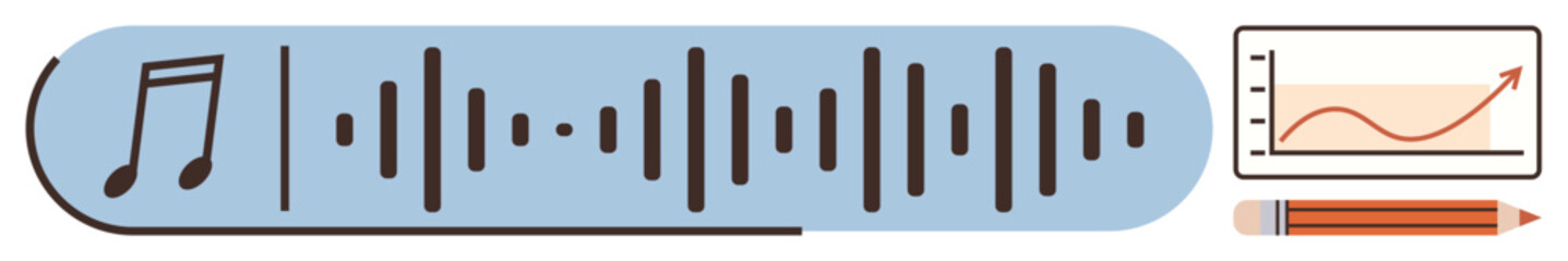 Music note, audio waveform, chart with upward trend line, and pencil. Ideal for sound analysis, music production, data visualization, creative work, audio editing metrics monitoring simple flat