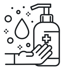 Line art vector icon of a hand sanitizer bottle with a pump. Perfect for hygiene signage, healthcare materials, safety labels, cleaning products, and public health visuals.