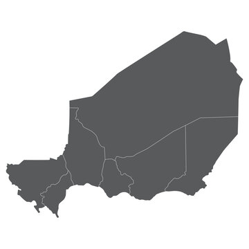 Niger map divided seven regions. Map of Niger regions in grey color